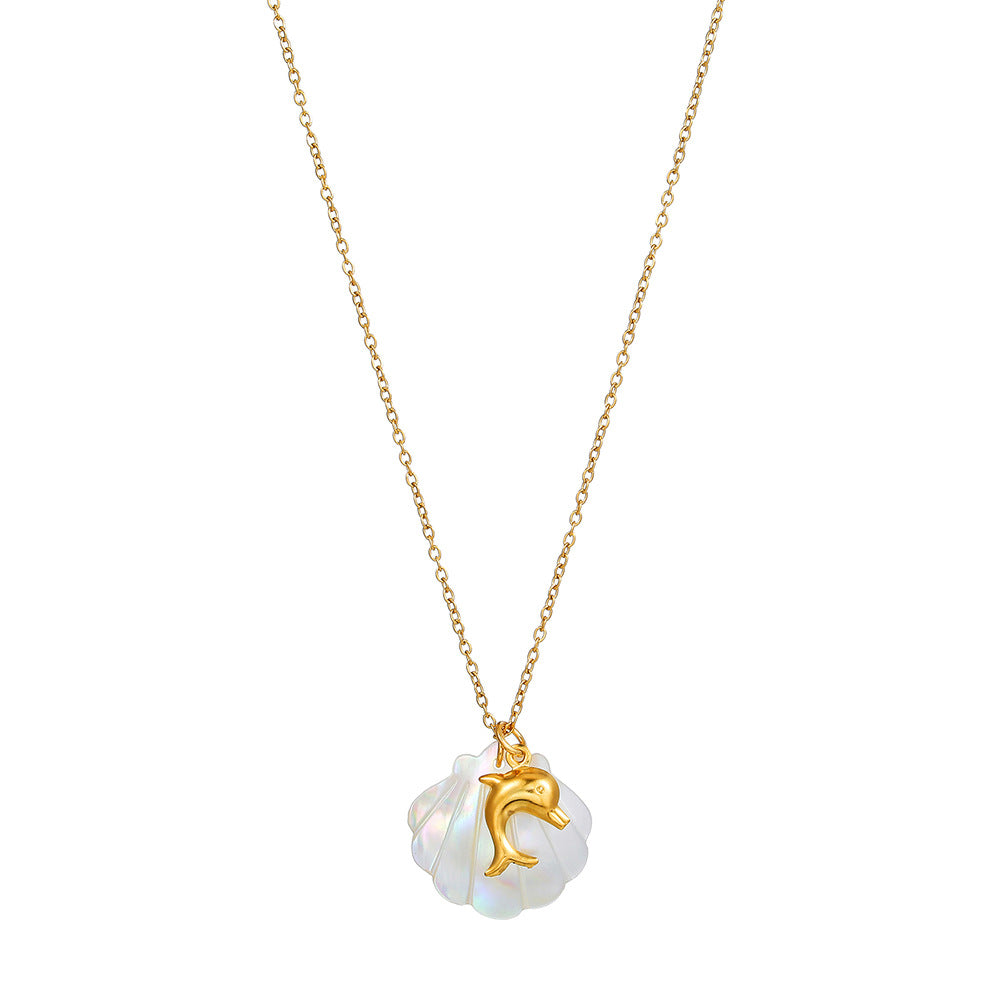 Casual Titanium Steel PVD Animal Pendant Necklace with Shell Elements for Women