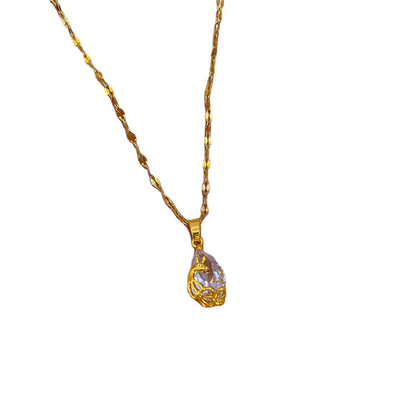 Collar de lujo con colgante de fénix en forma de gota de agua de acero de titanio, incrustaciones completas de diamantes de imitación, diseño minimalista de inspiración coreana para mujer