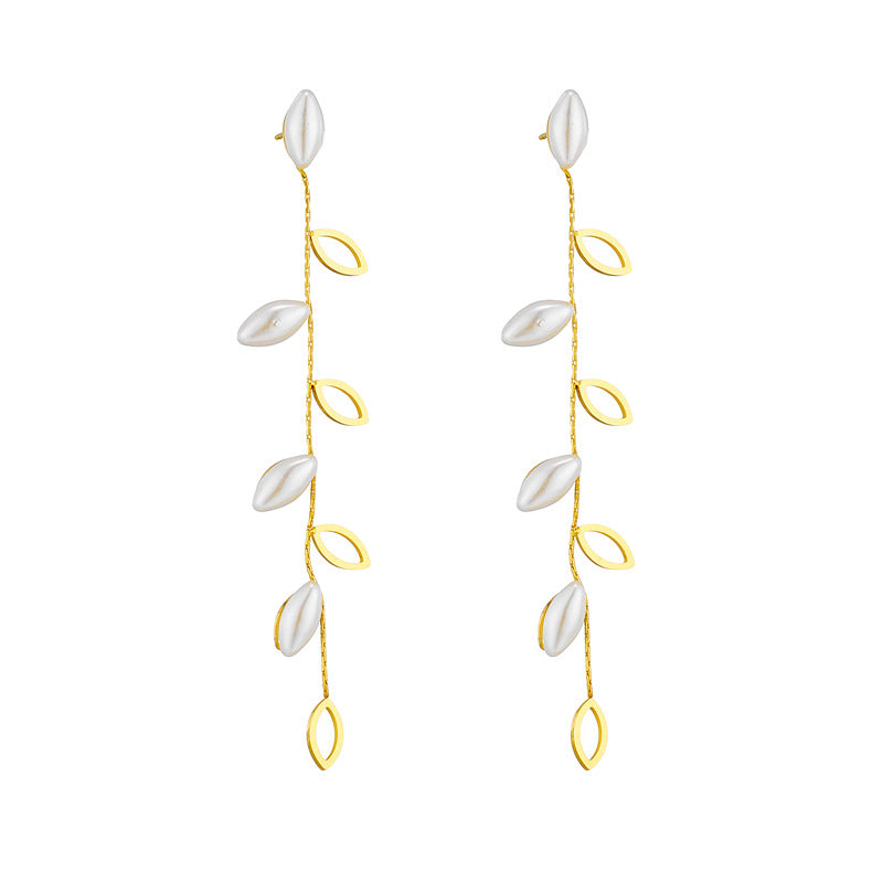 Minimalist Elegant Pearl-Embellished Hollow Leaf Dangle Stud Earrings in Titanium Steel with Plated Finish