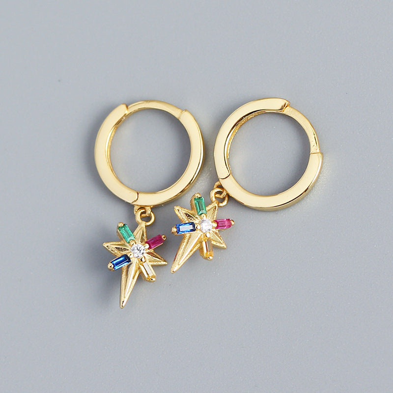 Minimalist 925 Sterling Silver Star Inlaid Rhinestone Hoop Earrings