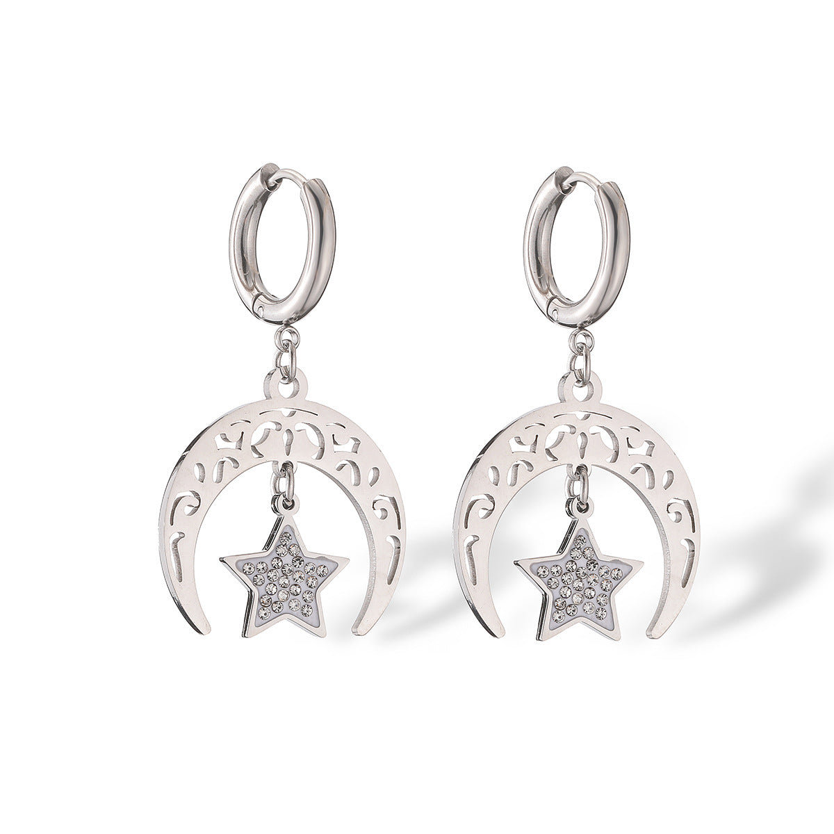 Minimalist Geometric Titanium Steel Earrings with Gold Plating and Zircon Sun Moon Motifs for Women