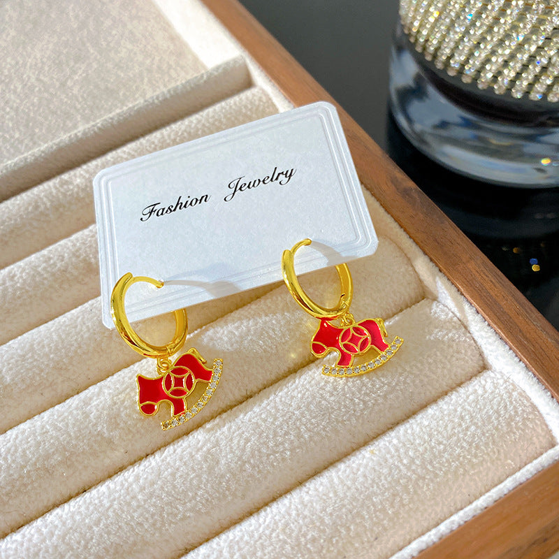 Sweet Sporty Micro-Paved Cubic Zirconia Red Horse Animal Pendant Titanium Steel Necklace with Matching Earrings