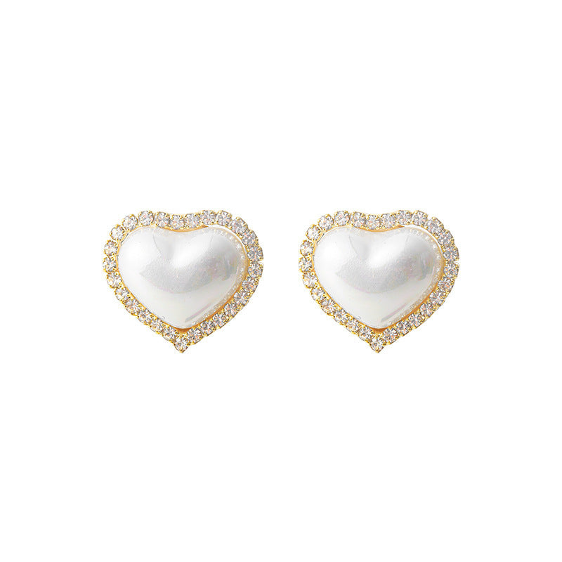 Orecchini a perno minimalisti con cuore, zirconia cubica e perla, con perni in argento sterling 925 per donna