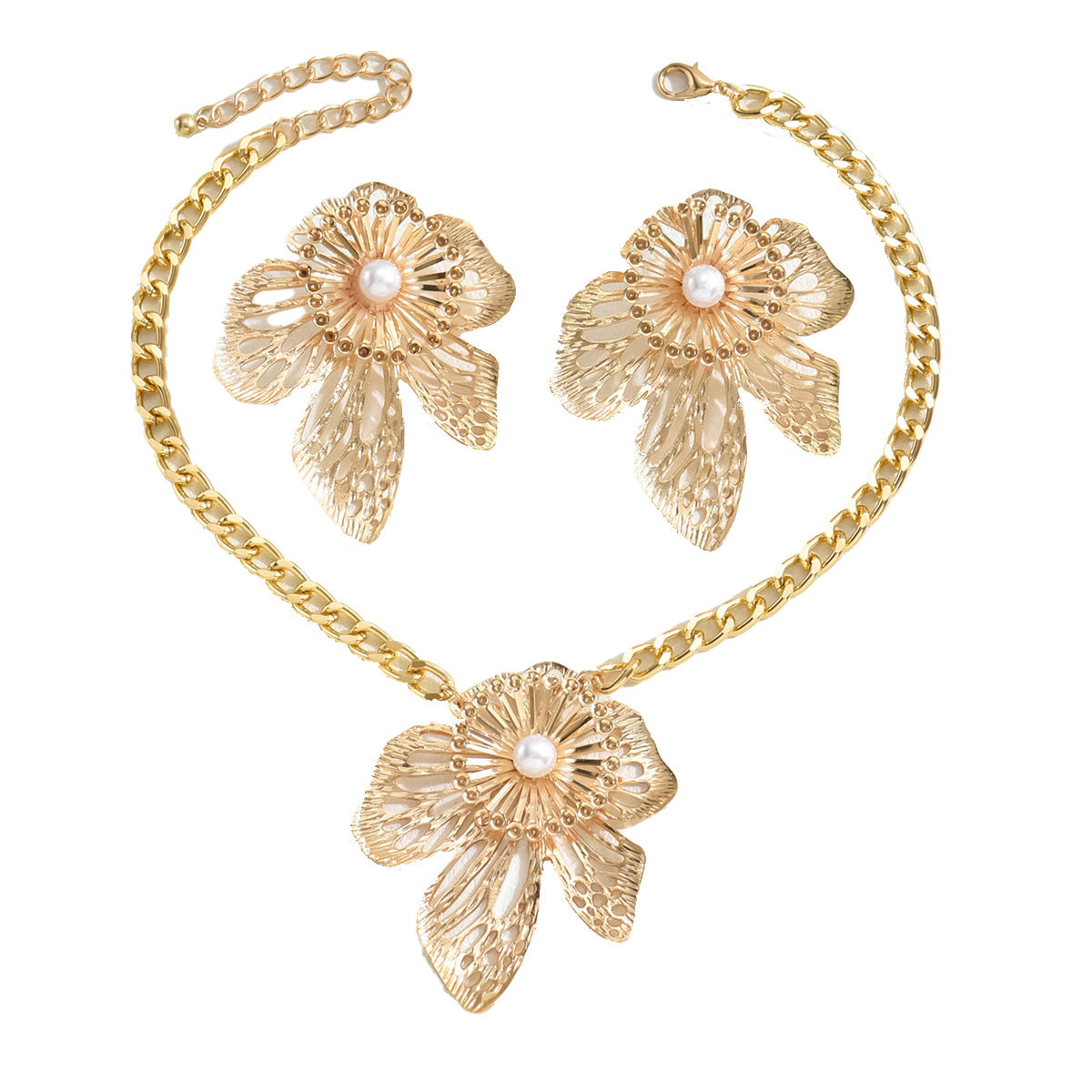 Parure di collana da donna con ciondolo in lega stile floreale, intarsi in perle e catena ritorta