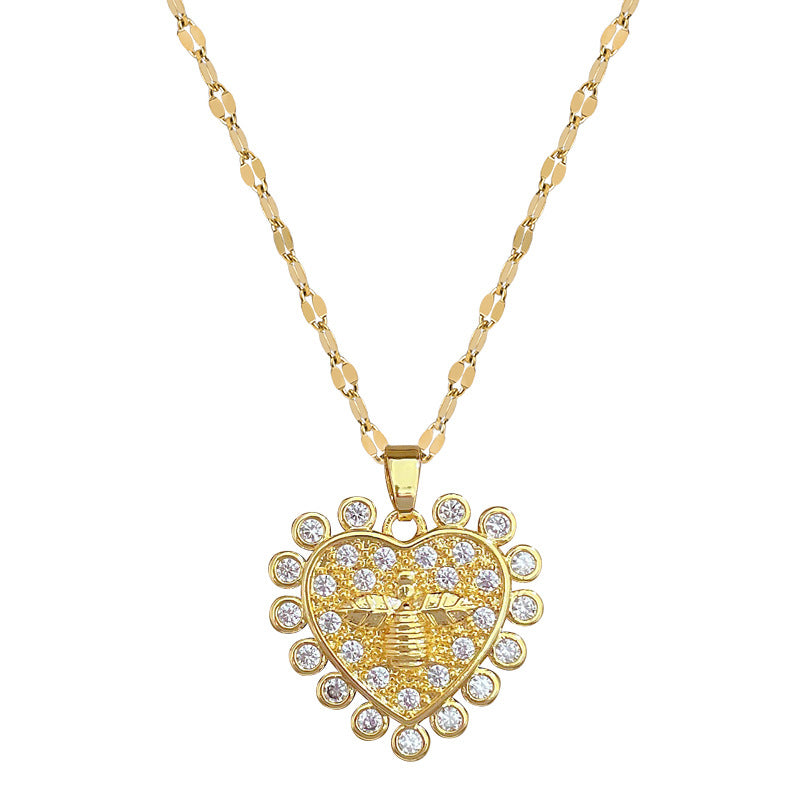Geometric Heart Pendant Necklace for Women Stainless Steel Chain with Zircon Inlay Luxe Minimalist Locket Necklace