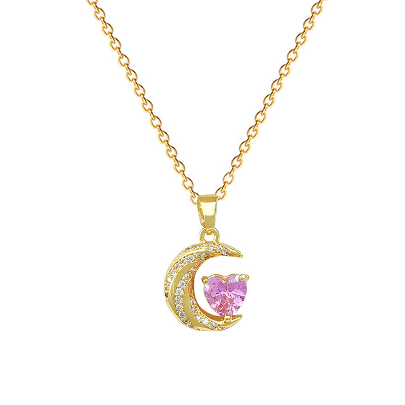 Sweet Minimalist Twisted Moon Heart Geometric Rhinestone Pendant Titanium Steel Necklace for Unisex