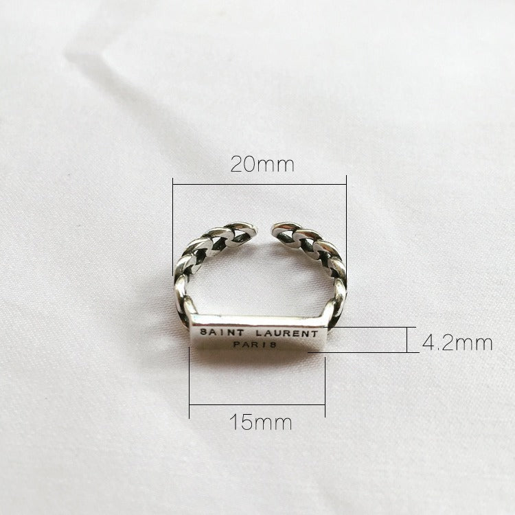 Anello a fascia aperta quadrato minimalista vintage in argento sterling S925 con incisione a lettera inglese