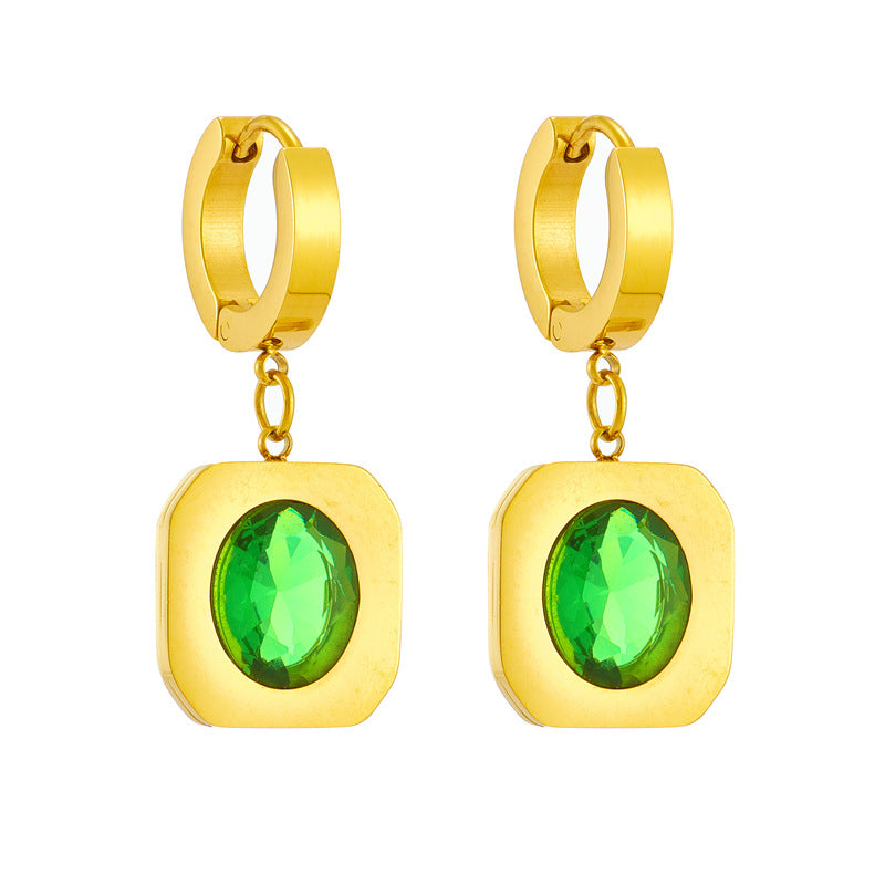 Orecchini in Acciaio al Titanio con Cristallo Verde Sfaccettato a Geometria in Stile Vintage e Finitura Galvanica