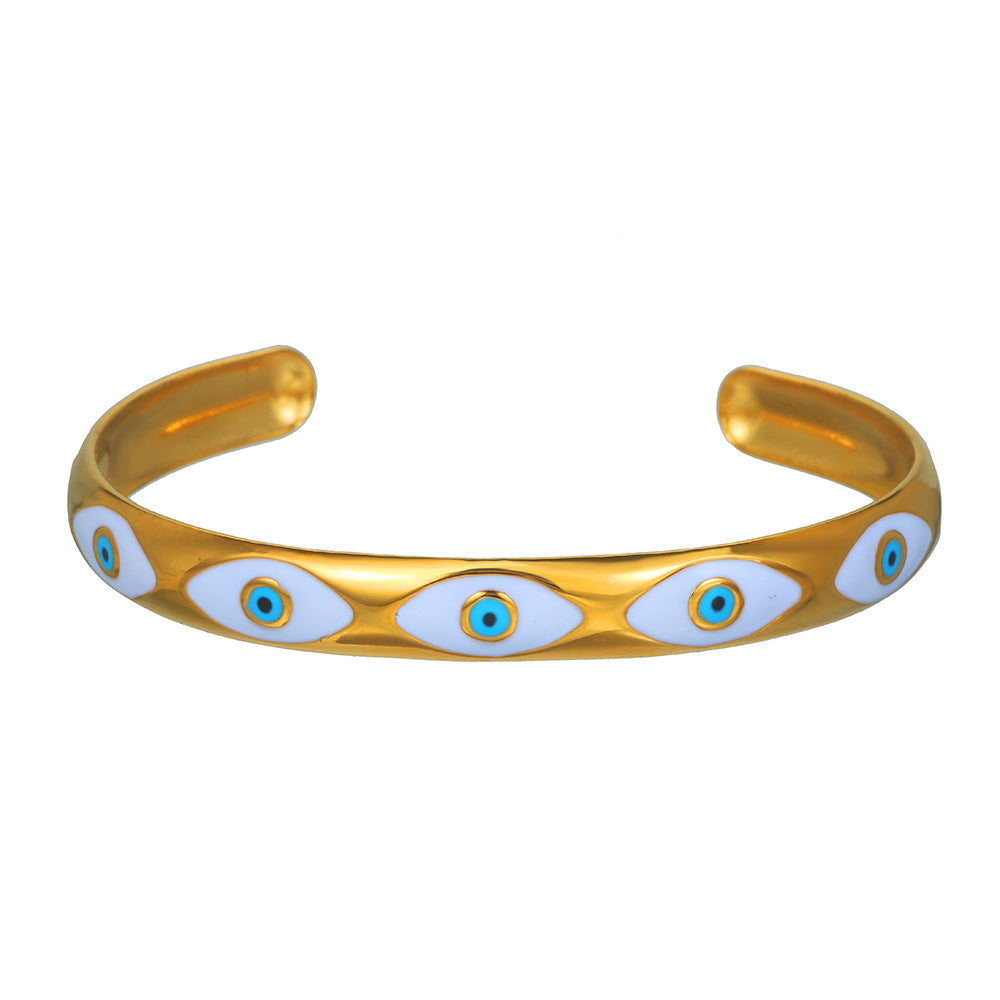 Vintage Drip Oil Plated Round Evil Eye Stainless Steel Open Cuff Bracelet for Women