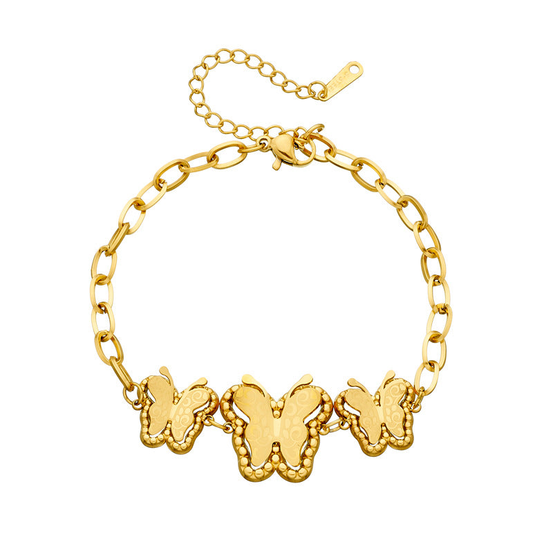 Vintage Minimalist Butterfly Pendant Bracelet in Stainless Steel with Gold Plating