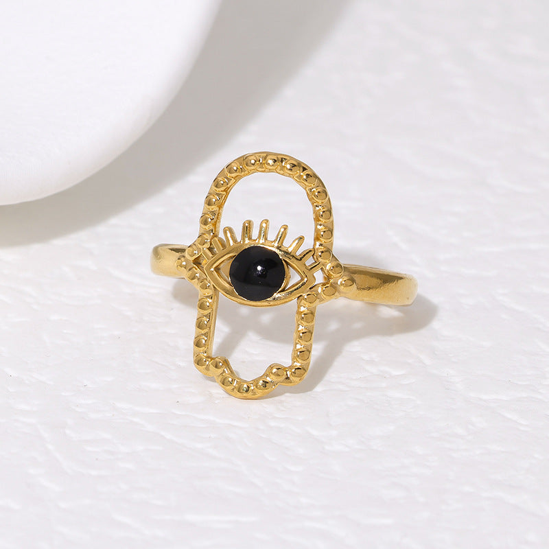 Anello Aperto Minimalista in Acciaio Inox con Occhio di Allah e Mano di Fatima Placcato Oro 18K