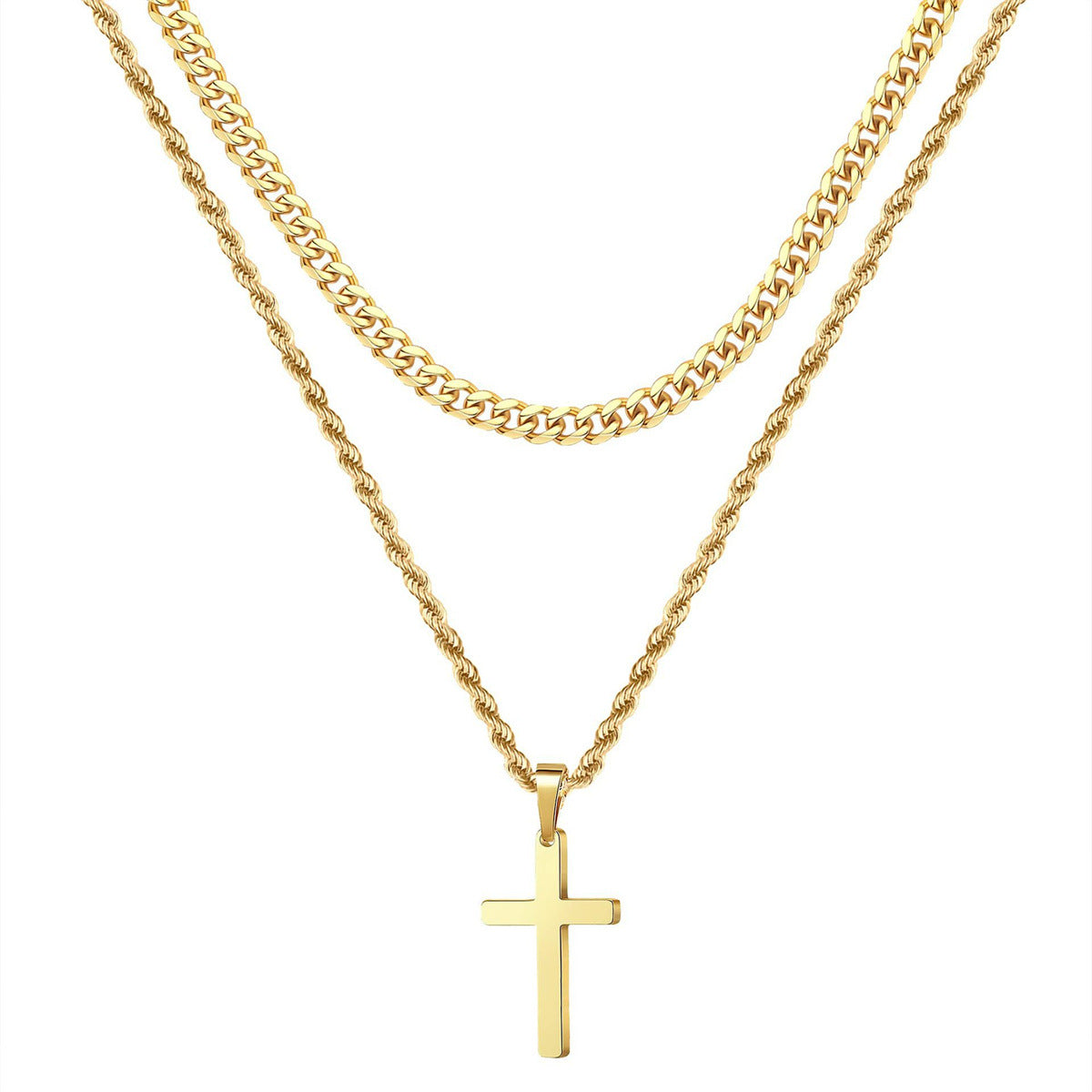 Geometric Cross Pendant Necklace in Stainless Steel with Gold Plating for Men and Women, Cuban Chain Style