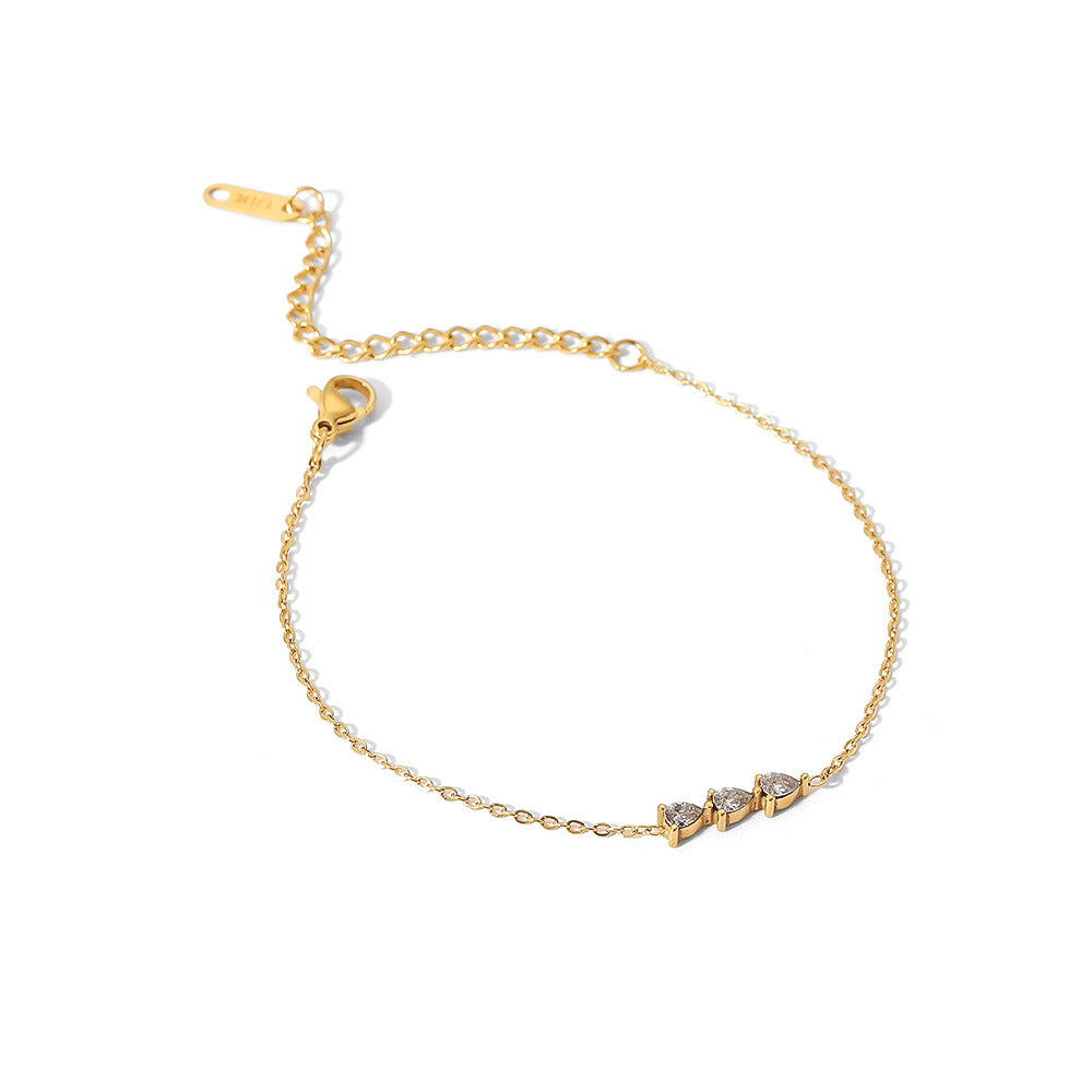 INS Style Geometric Stainless Steel Fine Chain Bracelet with 18K Gold Plated Drop Pendant and Cubic Zirconia Inlay for Women
