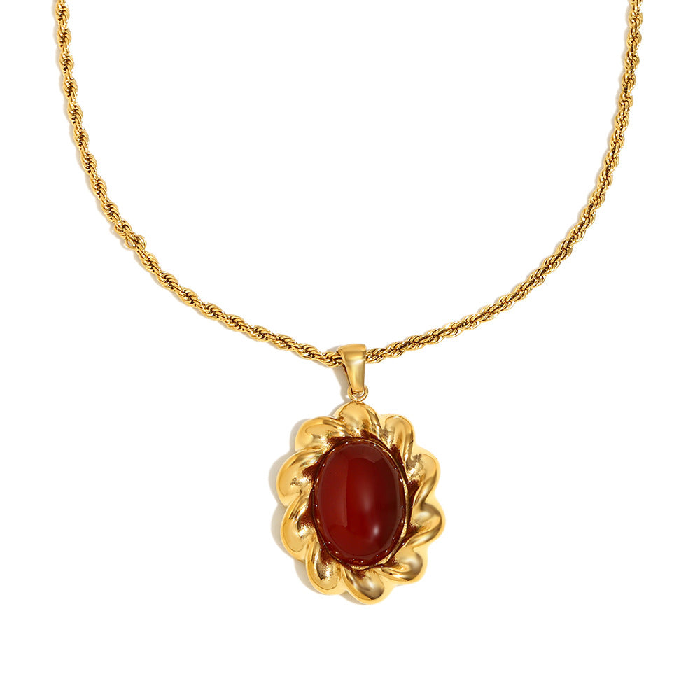 Elegante collana a pendente geometrico d'ispirazione vintage in acciaio inossidabile con placcatura in oro 18 carati e intarsio in agata rossa da donna
