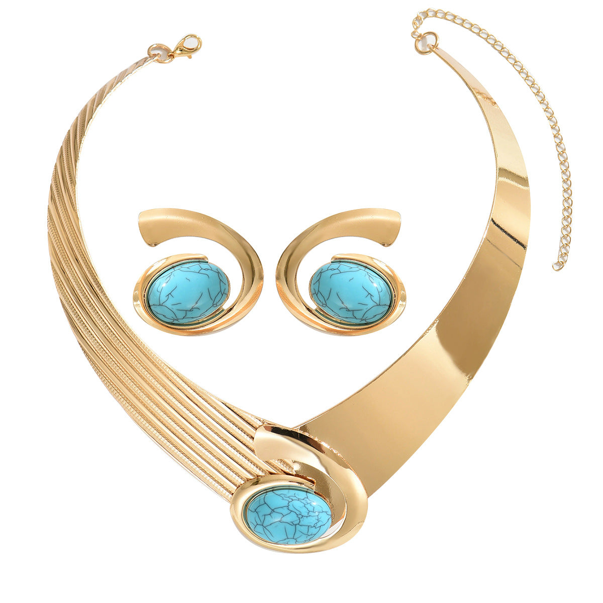 Geometric Turquoise Inlay Women's Earrings and Necklace Set in Alloy with Fashionable Commuter Style