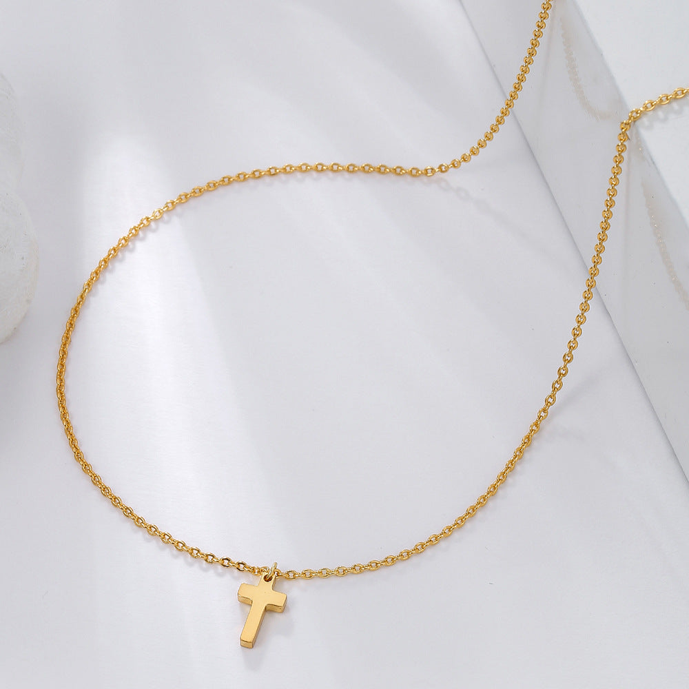 Collana pendente a croce minimalista da donna in ottone placcato oro vero e intarsio di strass su catena O-ring
