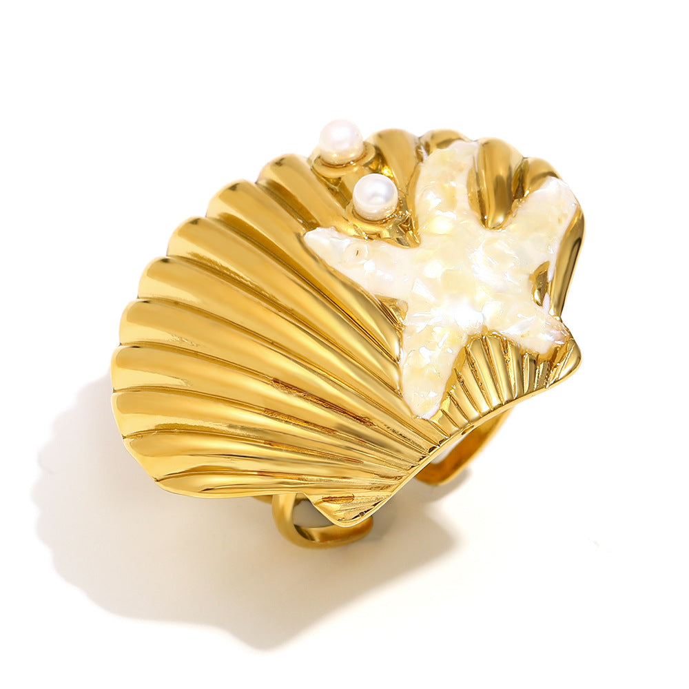 Set di orecchini a perno a goccia in olio a forma di stella marina e conchiglia in acciaio inossidabile placcato oro 18 carati e anello aperto da donna
