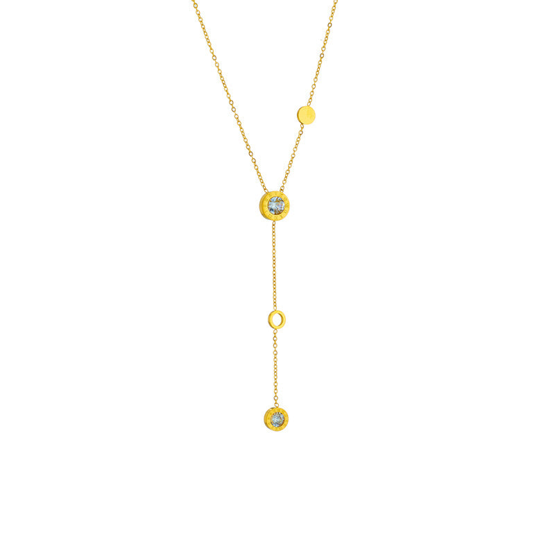 Collana a Pendente Lunga Minimalista con Nappina, Design Geometrico Circolare con Strass, in Acciaio al Titanio Placcato, da Donna