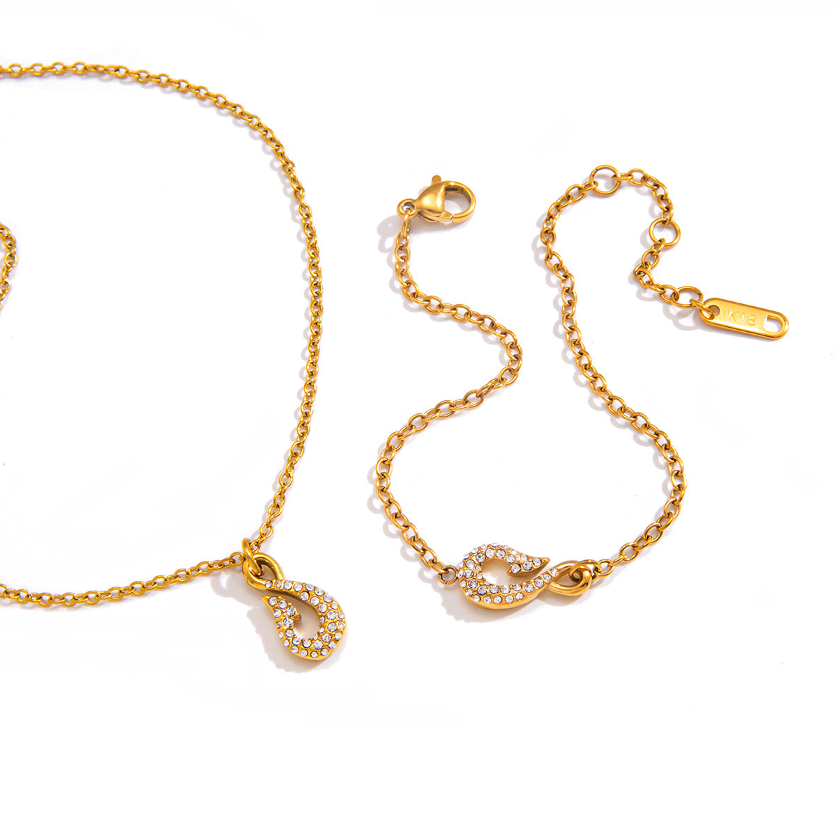 Minimalist Rhinestone Fish Hook Titanium Steel Necklace and Bracelet Set with Cable Chain for Women