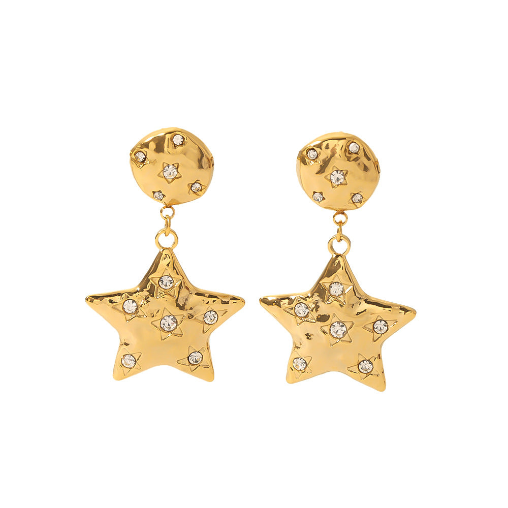 Orecchini minimalisti a forma di stella in acciaio al titanio con intarsio di strass e placcatura sottovuoto in oro 18 carati da donna