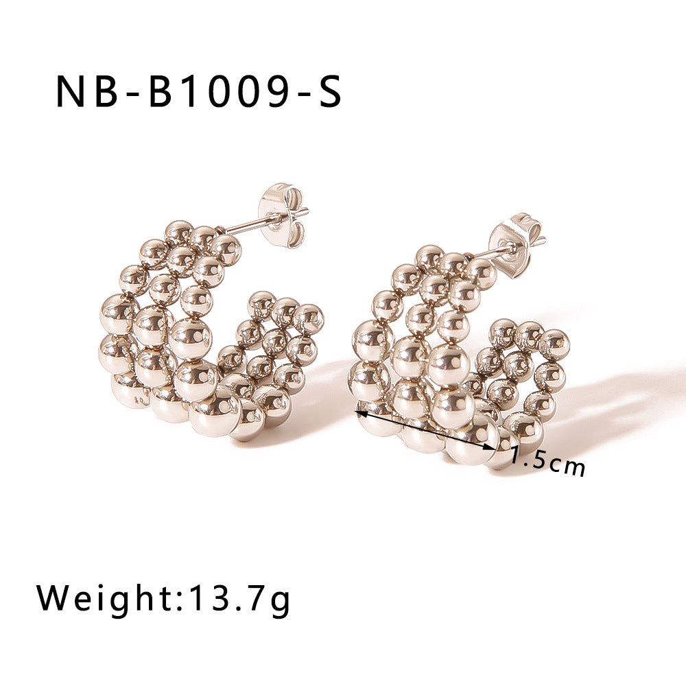 Minimalist Geometric Stainless Steel Earrings with 18K Gold Plating, Triple Beaded C-Shaped Hoops for Women