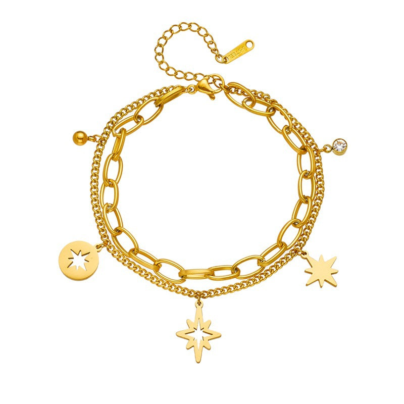 Pulsera de Acero Titanio de Doble Capa con Hexagrama Hueco y Diamantes de Imitación de Estilo Vintage para Mujer