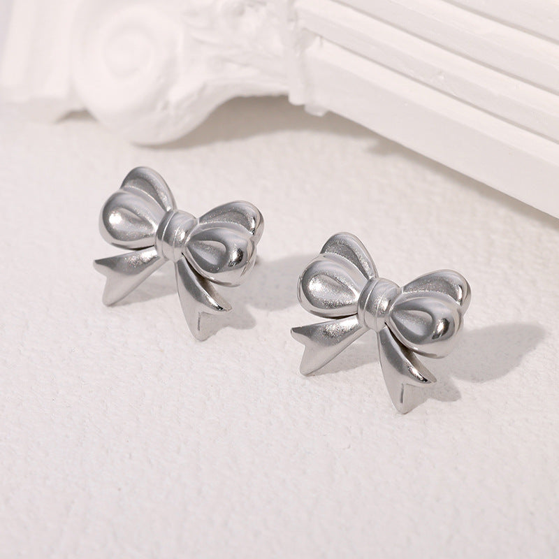 Minimalist Bow-Shaped Stainless Steel Stud Earrings with 18K Gold Plating for Women
