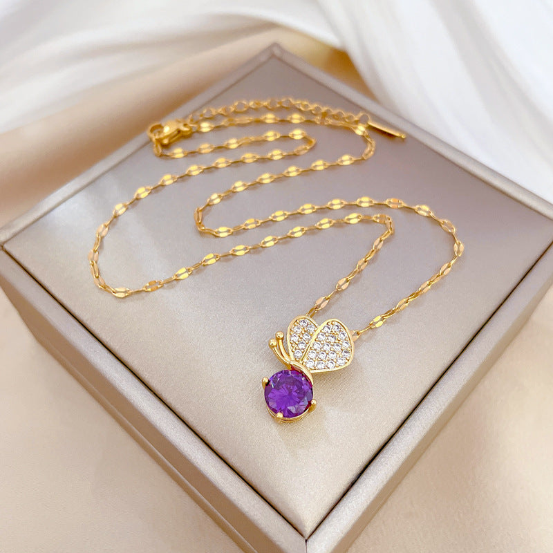Luxury Purple Butterfly Rhinestone Necklace for Women Titanium Steel Delicate Clavicle Chain for Wedding Party and Formal Events