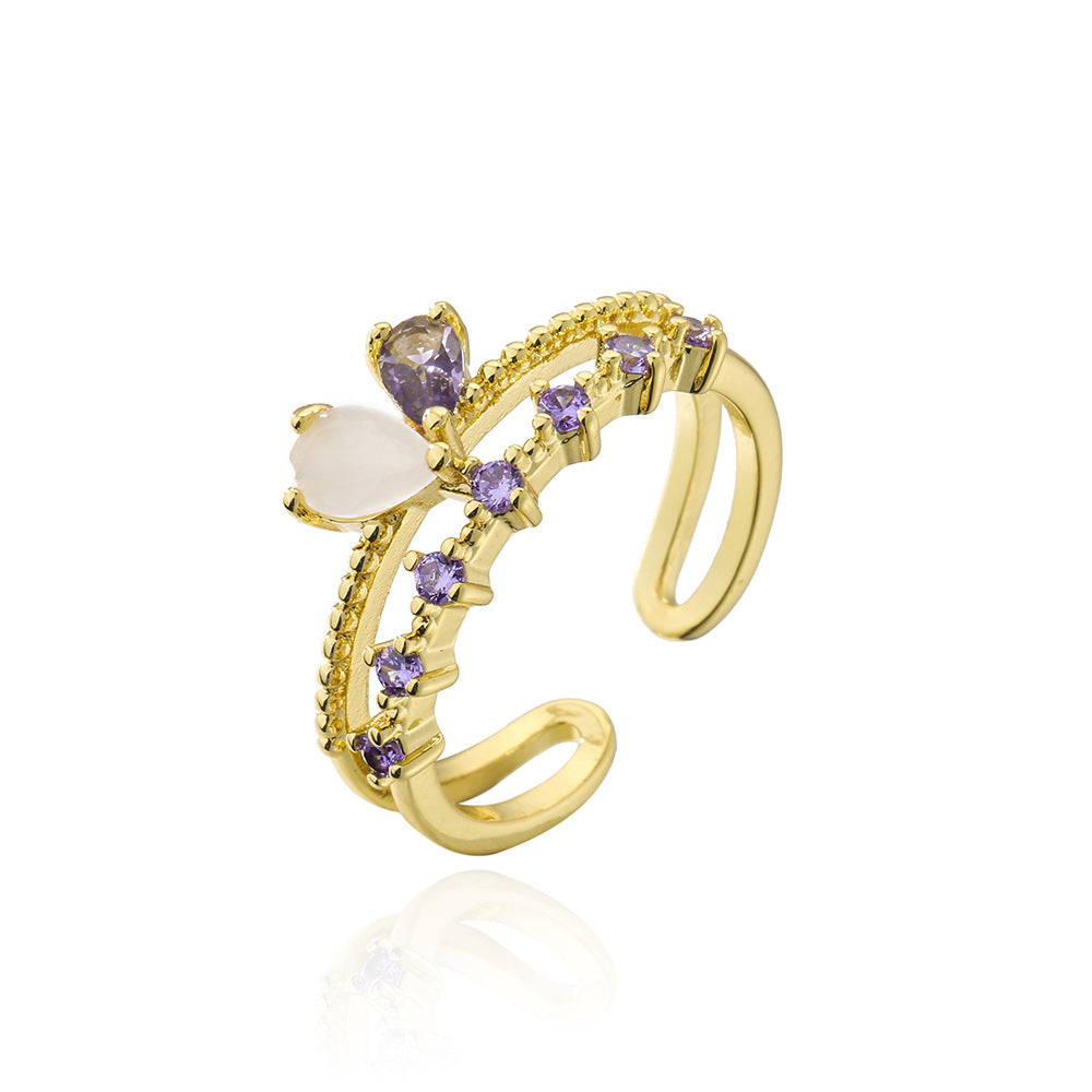 European Style Geometric Heart Open Ring Copper Micro-Paved with Zircon 18K Gold Plated for Women