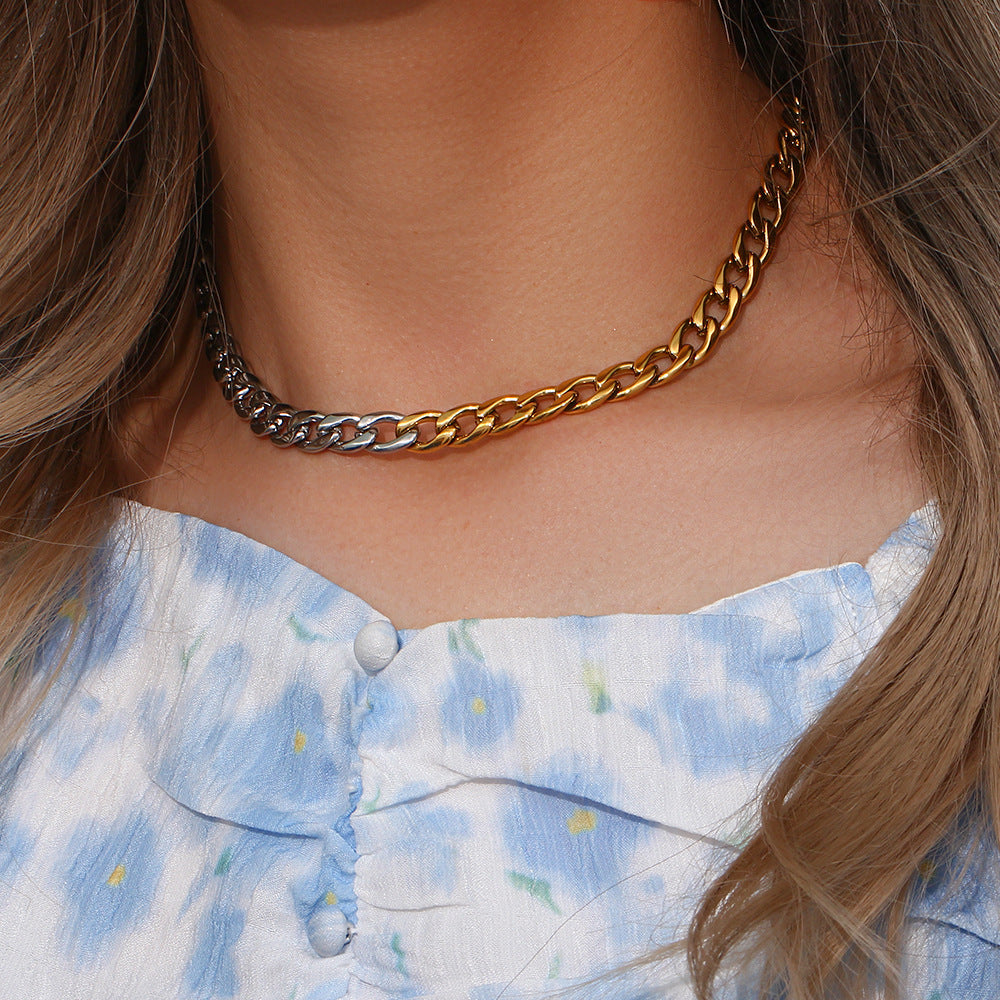 Minimalist Geometric Stainless Steel Necklace with Gold and Silver Plated Snake Chain for Women