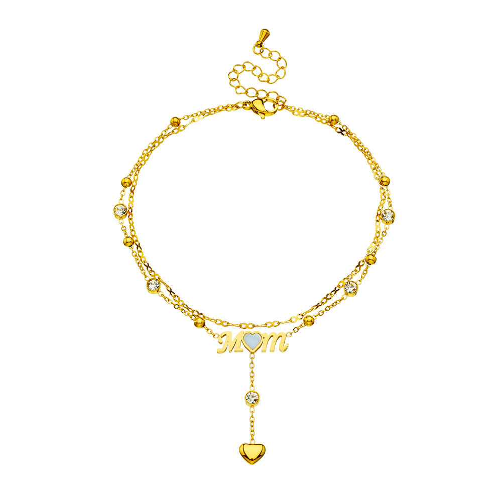 Elegant Gold Plated Stainless Steel Heart Letter Mom Rhinestone Tassel Anklet for Women