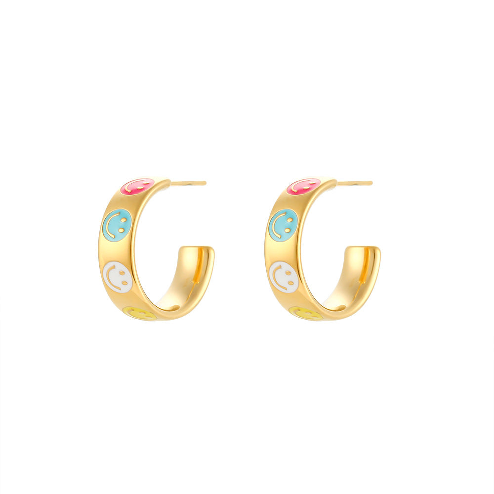 Minimalist Smiley Face Earrings in Stainless Steel with 18K Gold Plating and Enamel Heart Accent