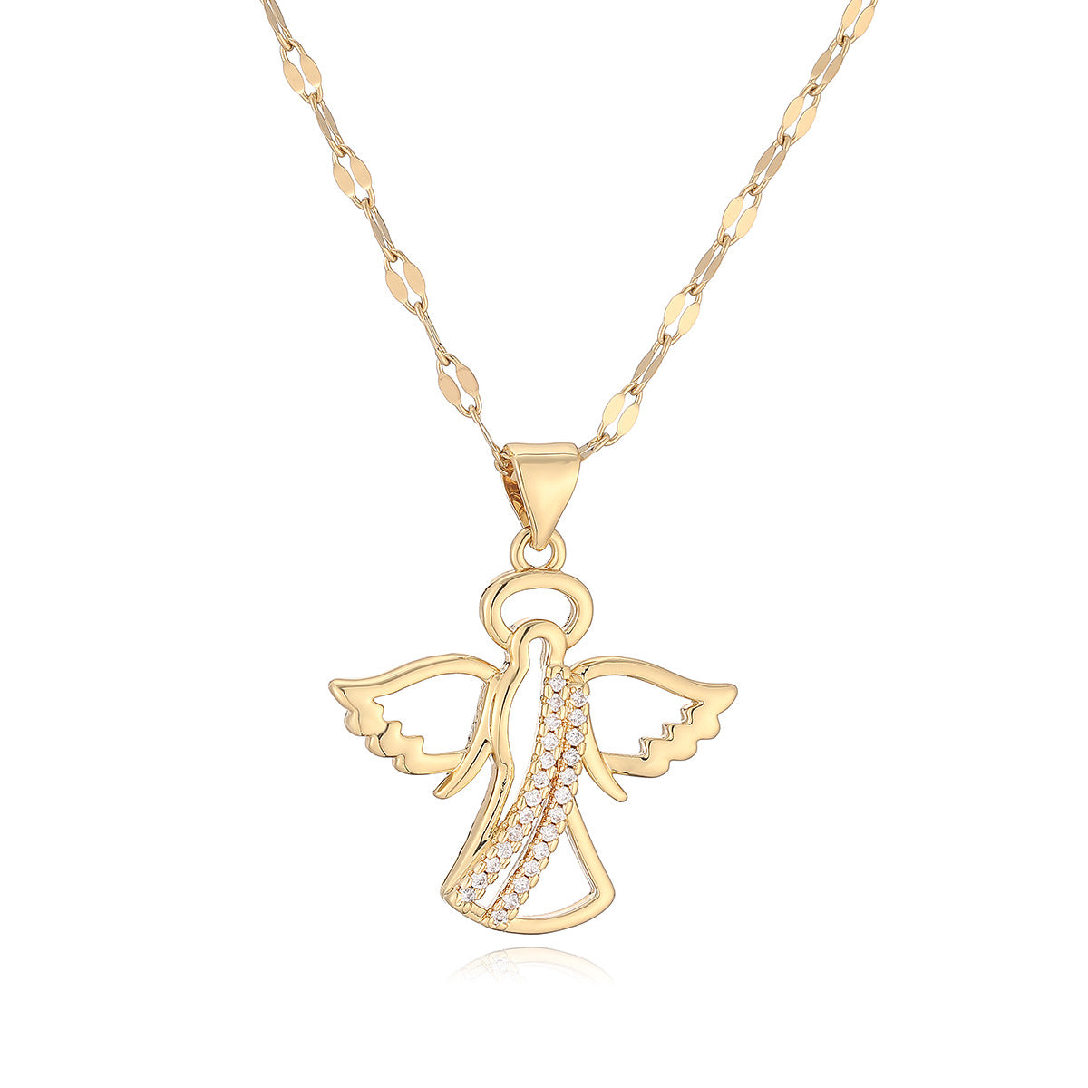 Minimalist 18K Gold Plated Brass Geometric Cubic Zirconia Inlay Angel Wing Pendant Necklace for Women