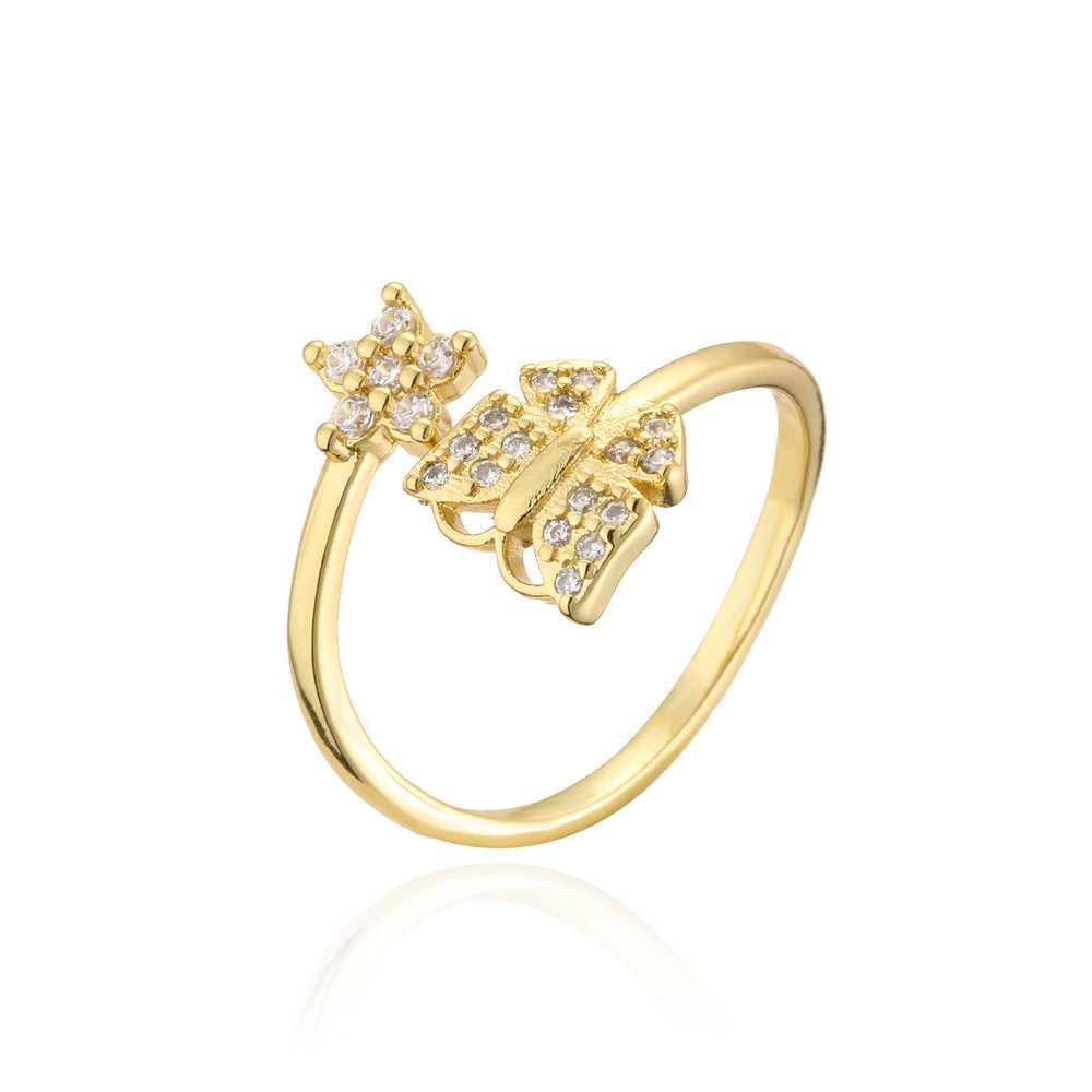Minimalist Geometric Brass Ring with 18K Gold Plating and Cubic Zirconia Inlay for Women