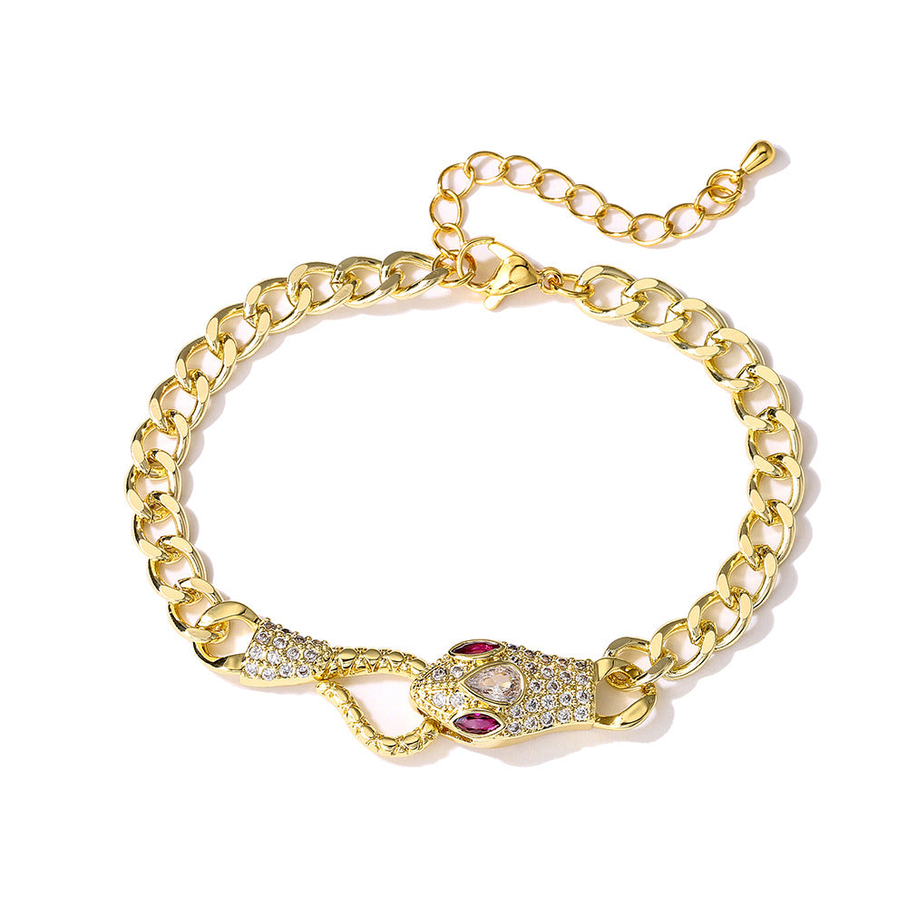 INS Style Geometric Snake Shape Copper Bracelet with 18K Gold Plating and Zircon for Women