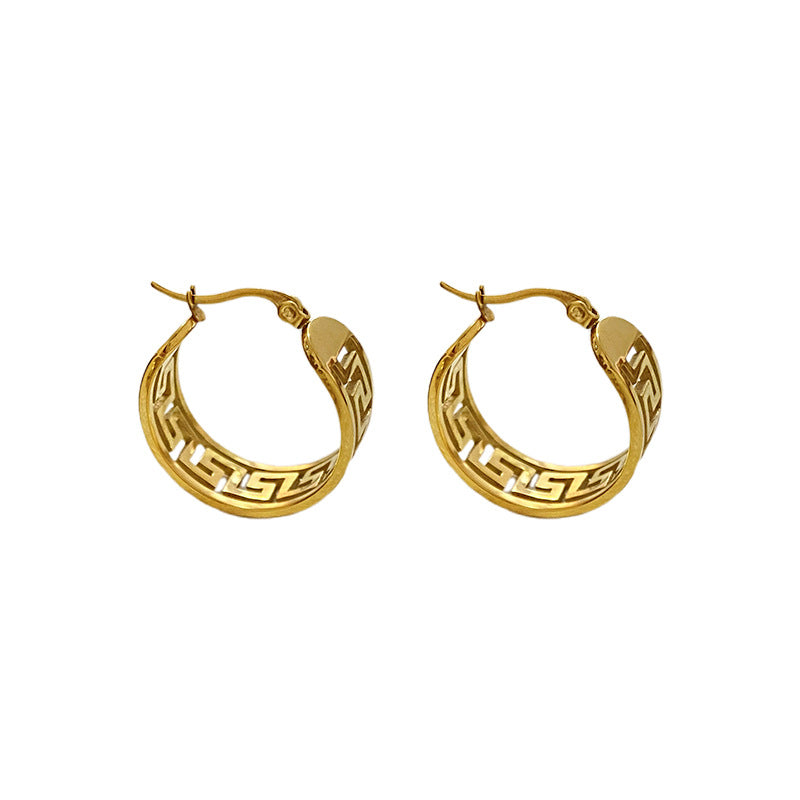 Vintage Geometric Hollow Great Wall Pattern Plated Brass Earrings for Women