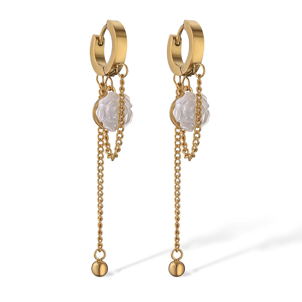 Minimalist Titanium Steel Butterfly and Floral Tassel Long Chain Earrings with Plated Finish