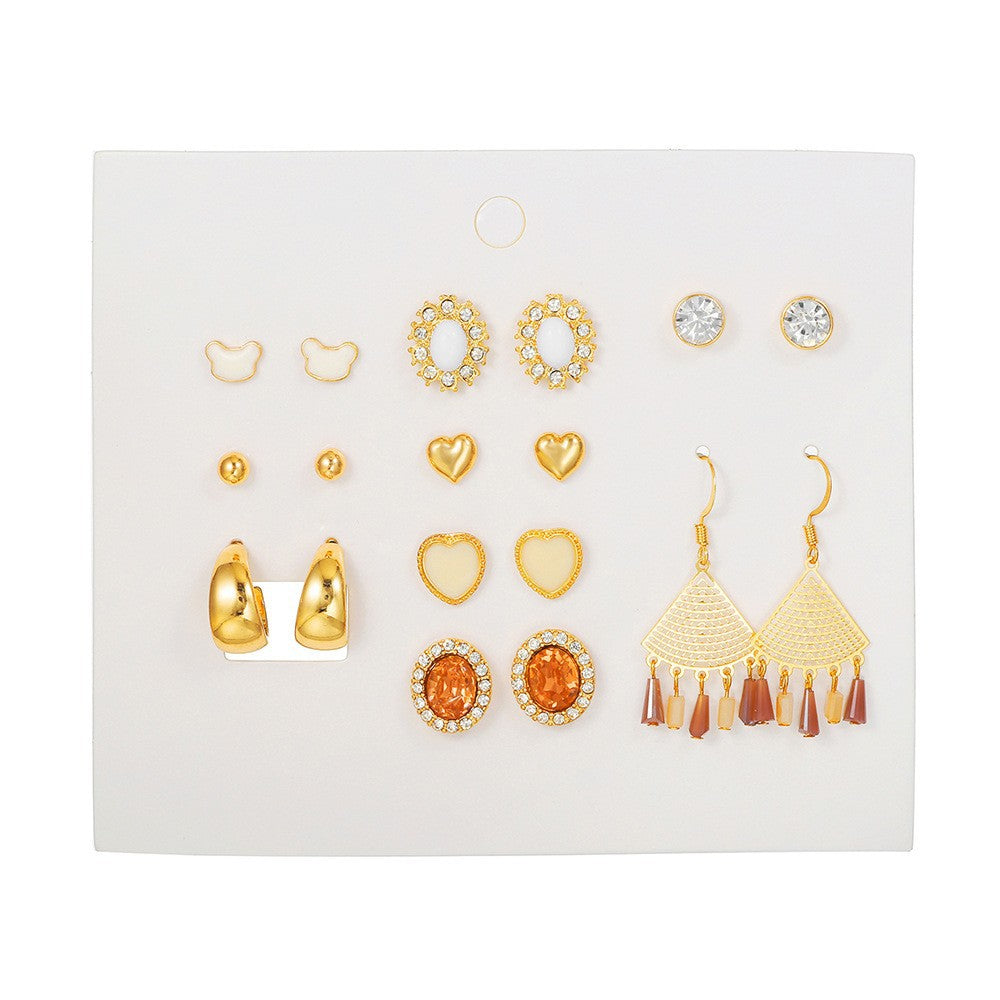 Vintage Sweet Heart Geometric Floral Rhinestone Inlay Alloy Stud Earrings Set