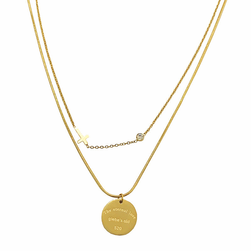 Minimalist Geometric Titanium Steel Pendant Necklace with Plated Finish for Unisex, Double-Layer Round Disc Design Featuring Letter Accent