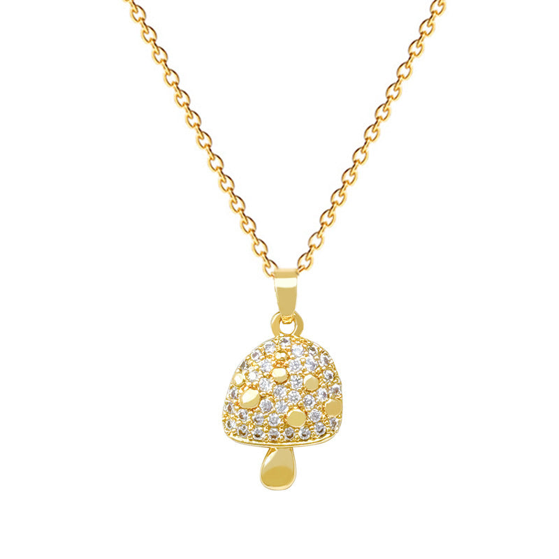 Sweet Luxury Geometric Rhinestone Mushroom Pendant Titanium Steel Necklace for Unisex