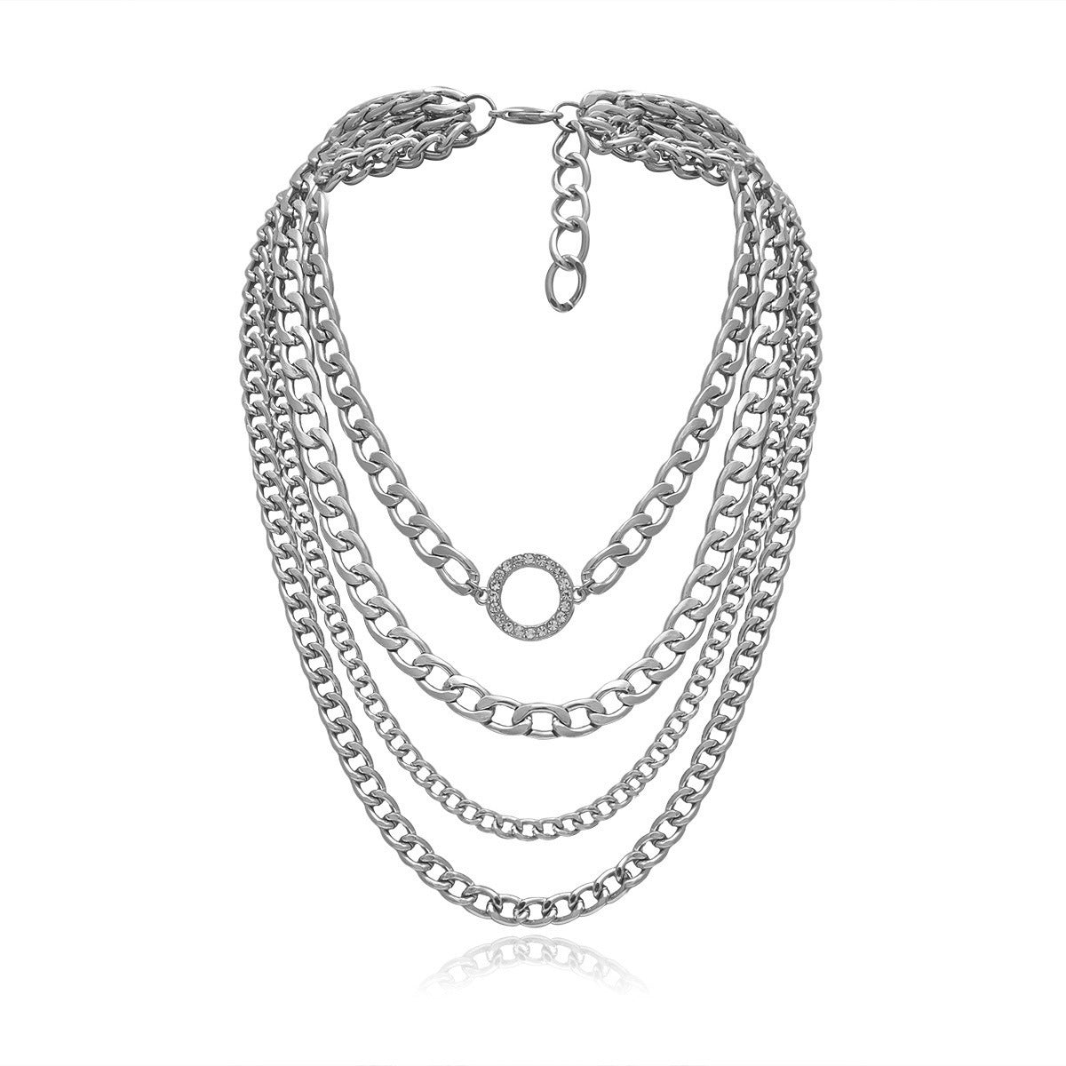 Vintage Punk Geometric Round Alloy Plated Multi-layer Necklace with Curb Chain for Women