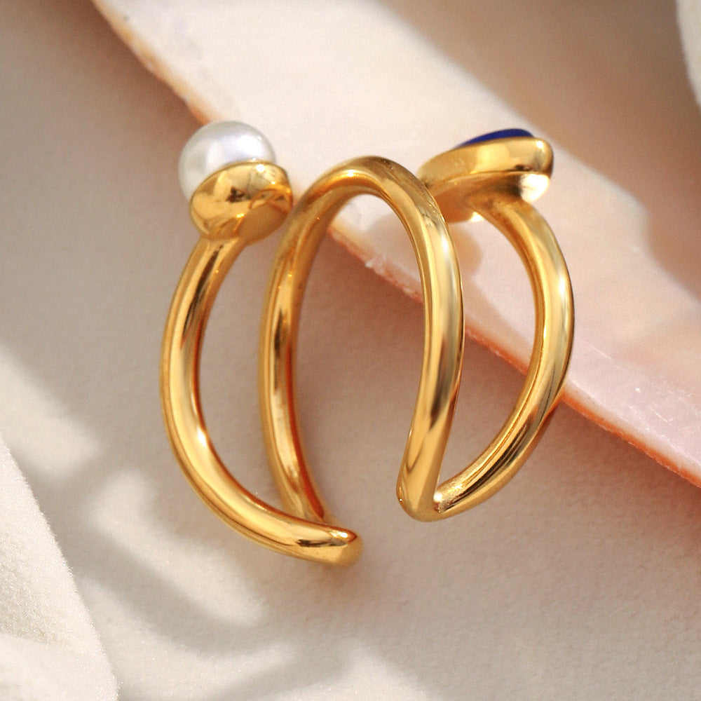 Anello Vintage di Lusso Asimmetrico Geometrico in Acciaio Inossidabile Placcato Oro 18K con Perla Sintetica e Accenti di Pietre Naturali