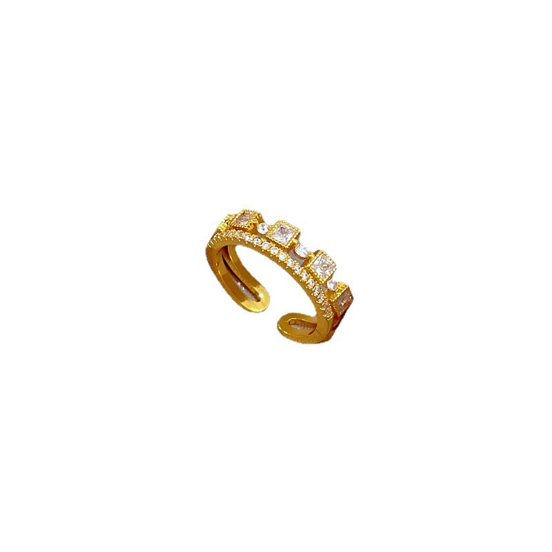 Anello aperto regolabile da donna in ottone a forma di corona, stile minimalista, con zirconi incastonati e tonalità fredda
