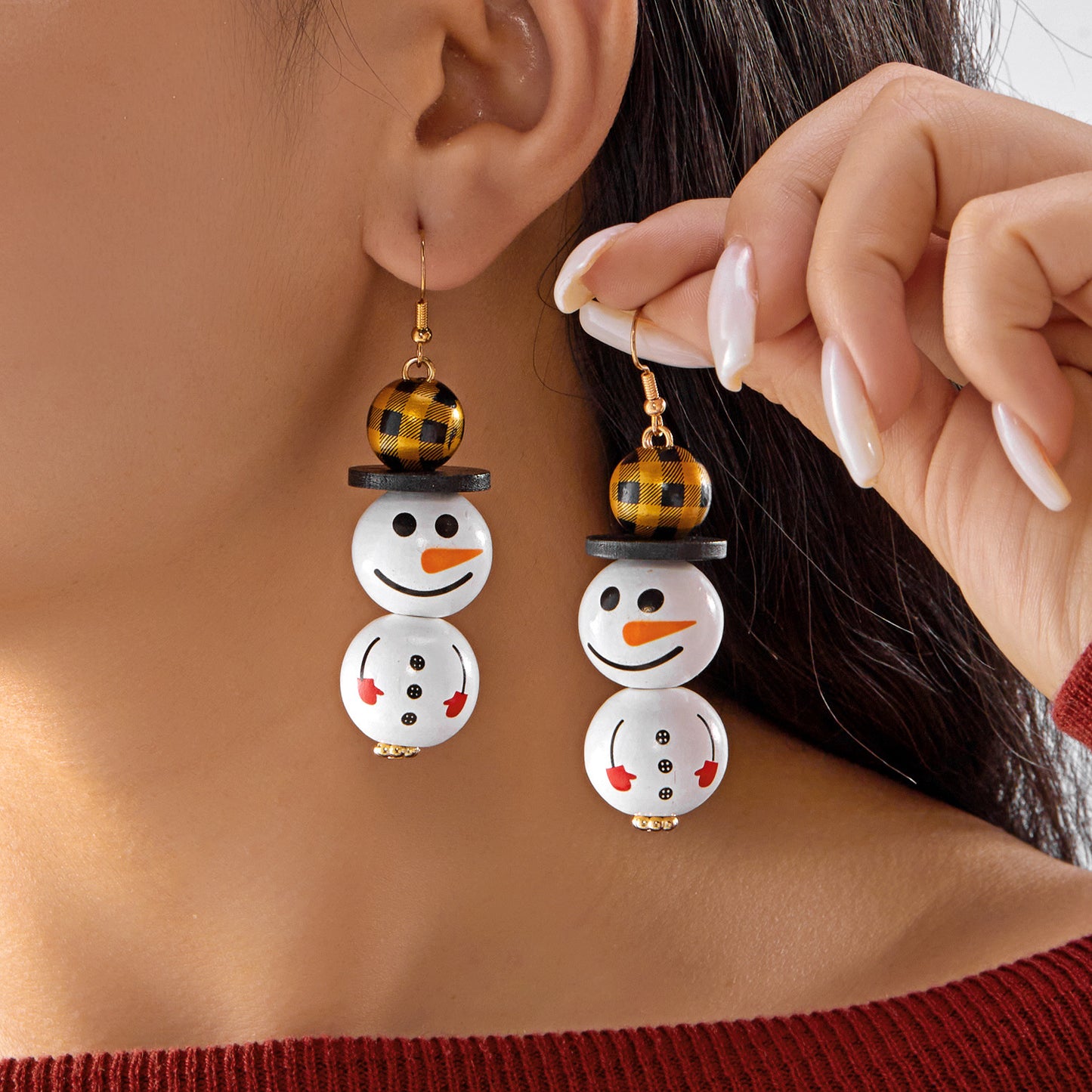 Orecchini a perno natalizi alla moda con pupazzo di neve e Babbo Natale per donna con design geometrico, base in ferro, finitura galvanica, perni in resina