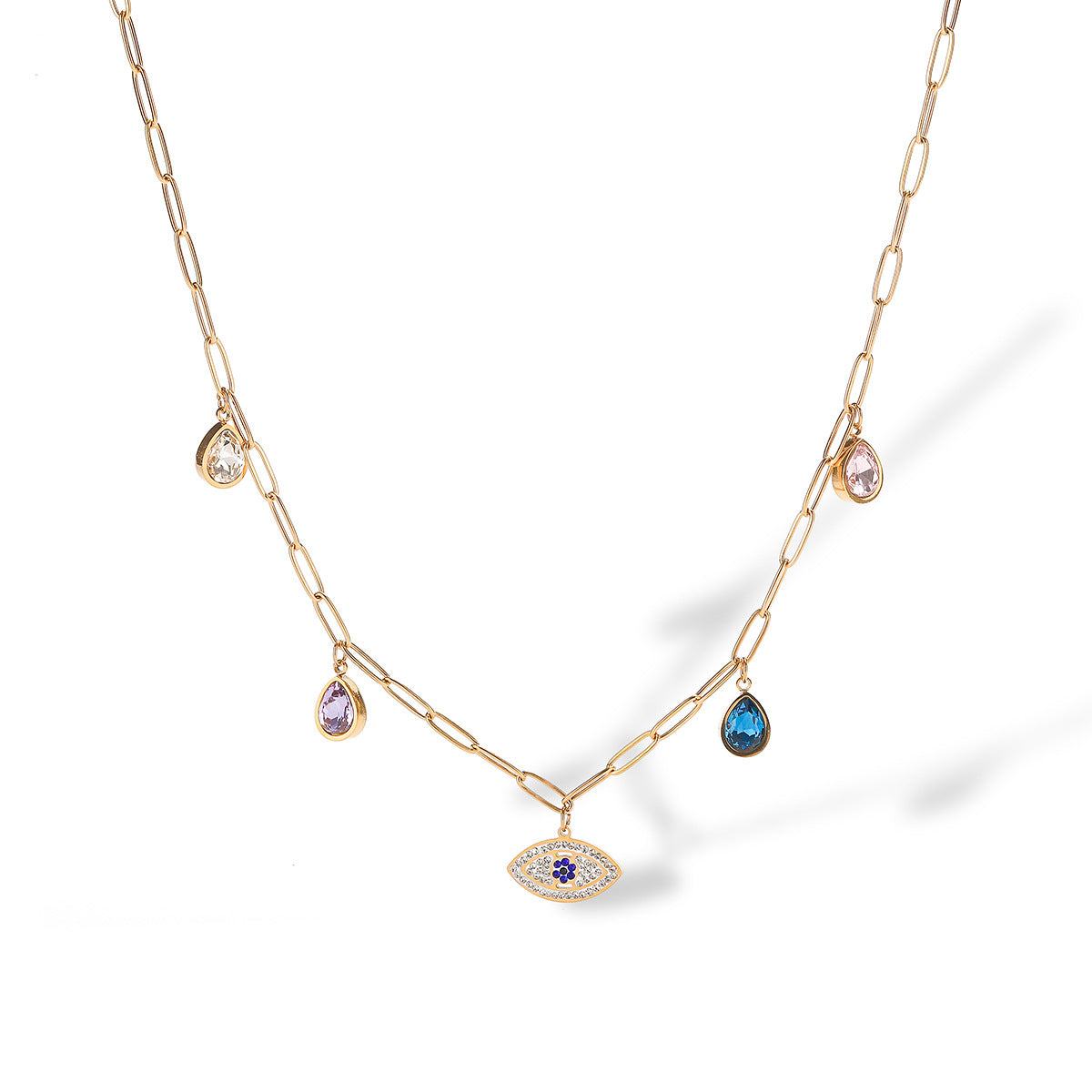 Minimalist Geometric Teardrop Evil Eye Pendant Necklace for Women in Titanium Steel with Zircon Inlay