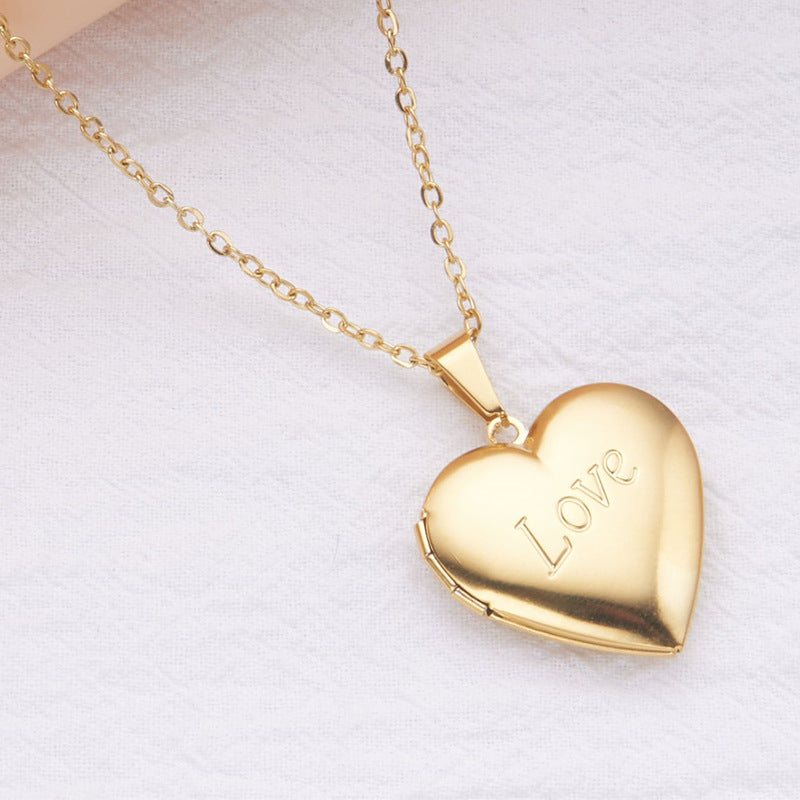 Minimalist Heart-Shaped Stainless Steel Necklace with Openable Photo Frame Pendant for Women