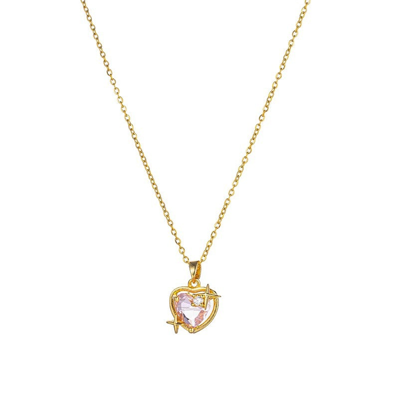 Collana con Ciondolo a Cuore a Forma di Cuore con Strass Rosa, Design Originale, in Acciaio al Titanio con Placcatura in Oro su Catena a O per Uso Unisex
