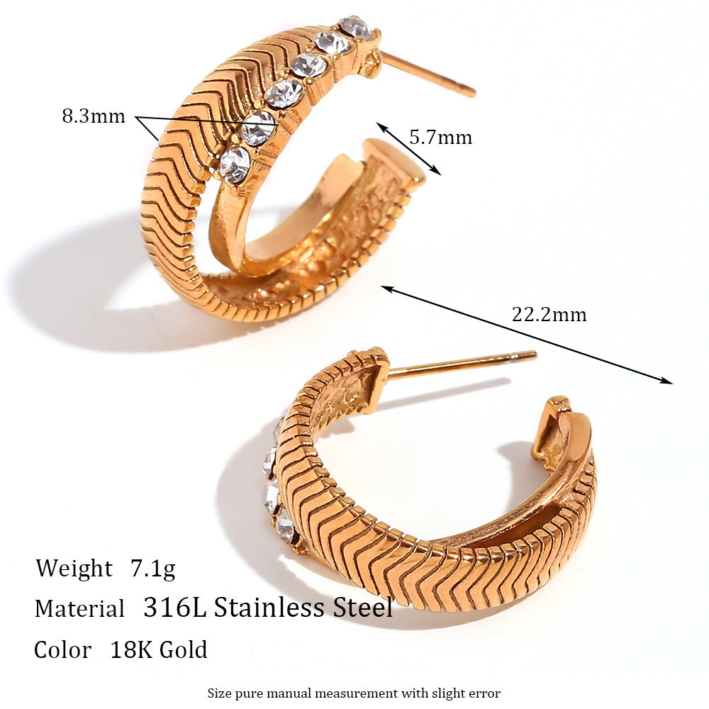 Fashionable Geometric Stainless Steel Earrings with 18K Gold Plating and Micro-Pave Crossed Fishbone Texture