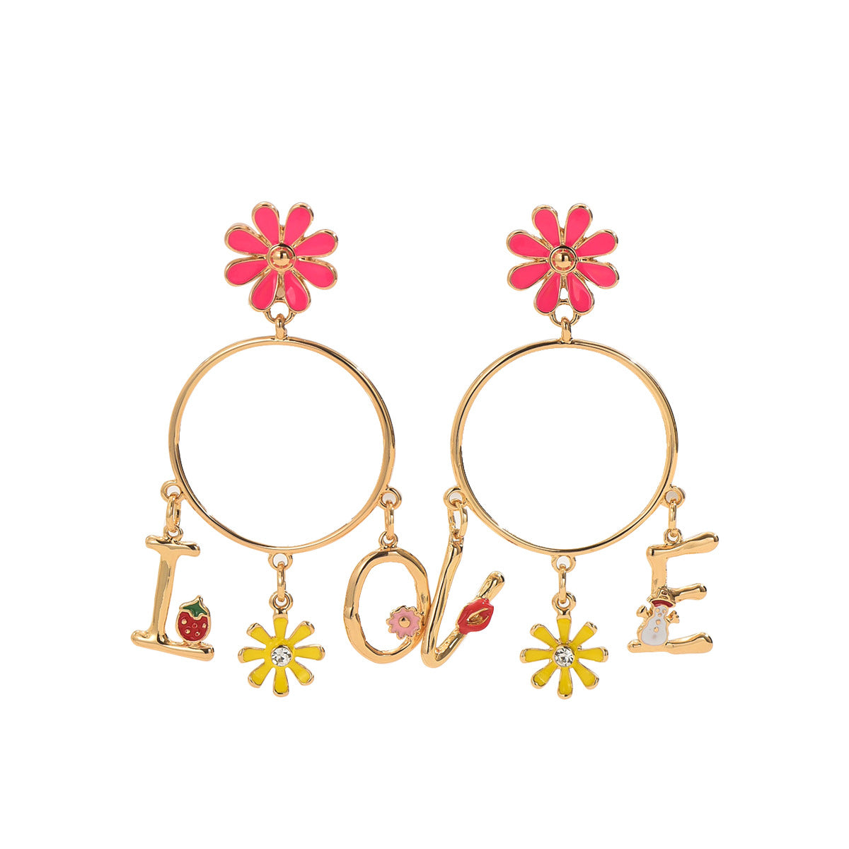 Floral and Letter Design Enamel Earrings for Women in Zinc Alloy with Stainless Steel Posts