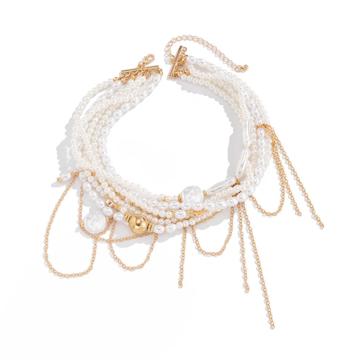 Collana girocollo da donna multistrato in perle sintetiche stile vintage con nappe e catena di perline
